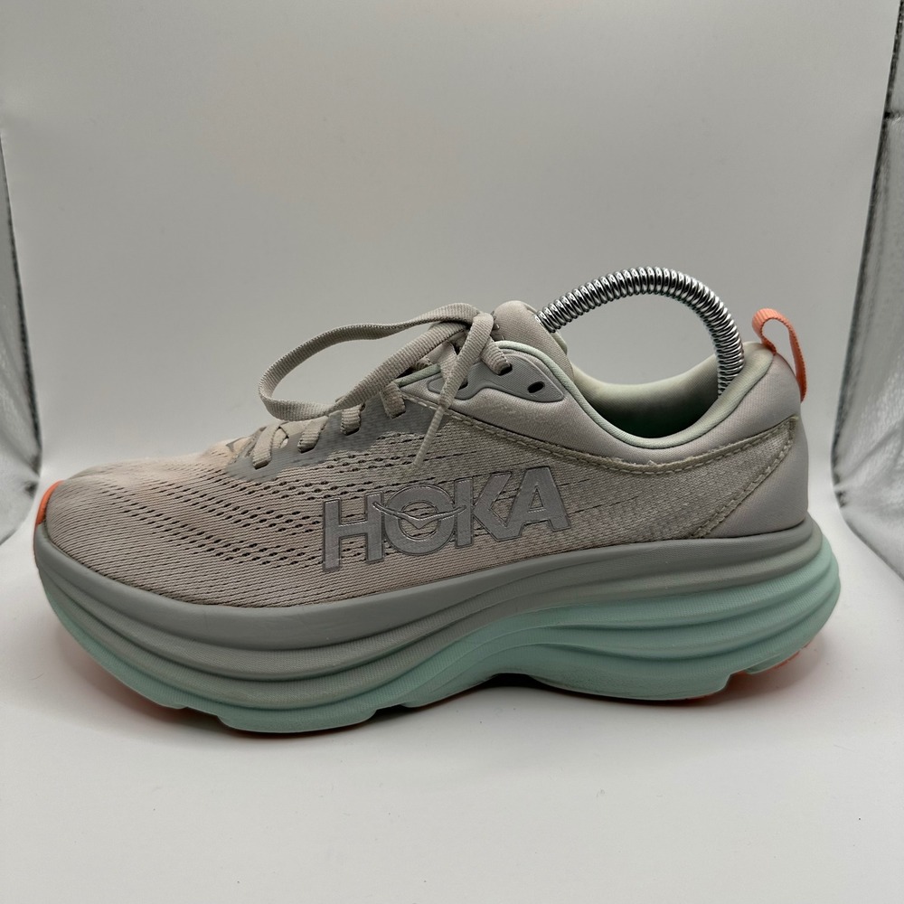 Hoka Bondi 8 Running Shoes Womens 8.5 Grey Aqua Good Cushioned Road Sneaker